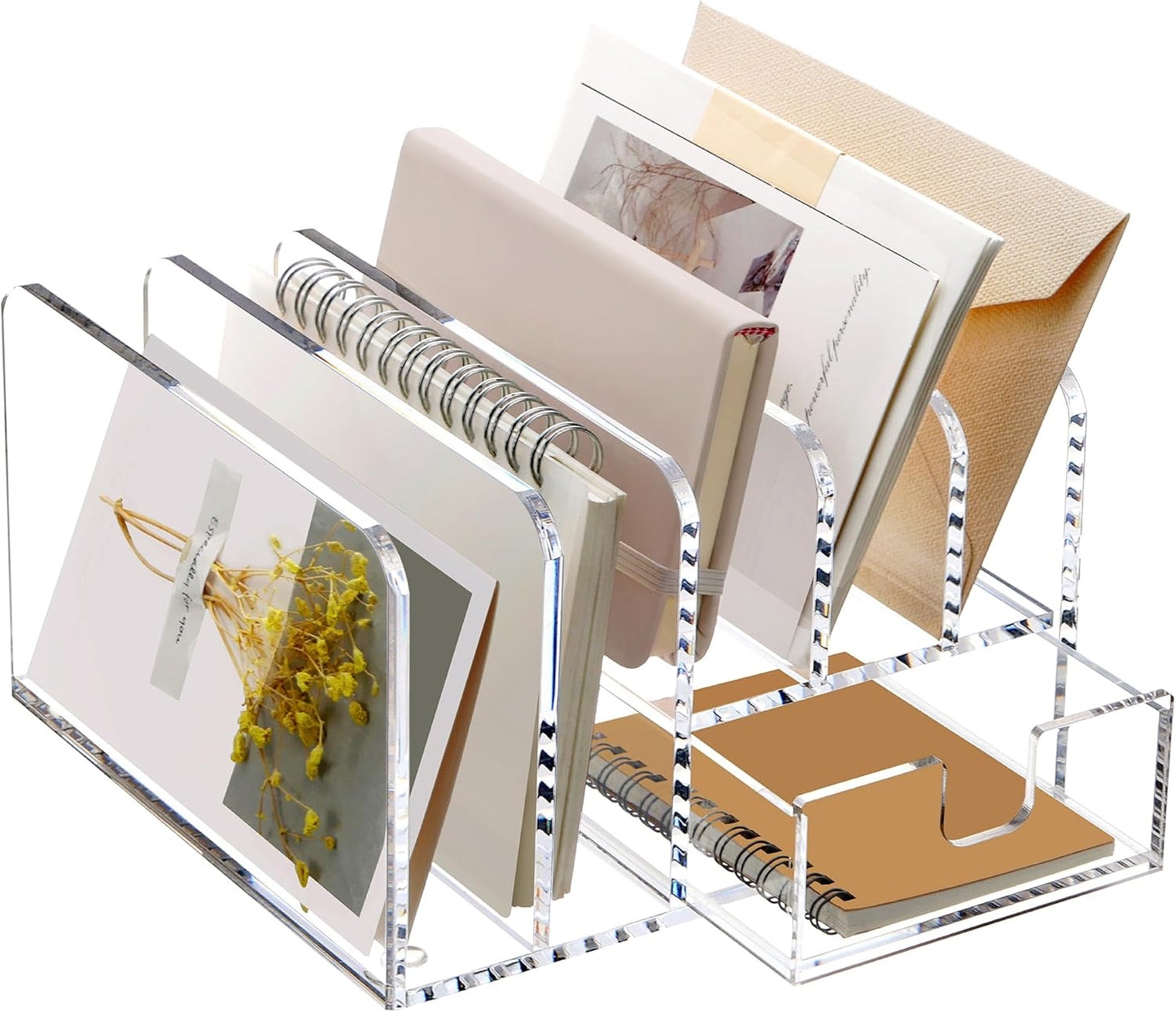 SANRUI 5 Compartments Acrylic Mail Sorter Holder, Clear Document Magazine Envelope File Rack, Vertical Letter Sorter & Multifunction Desk Organizer for Bills, Documents, Notebooks