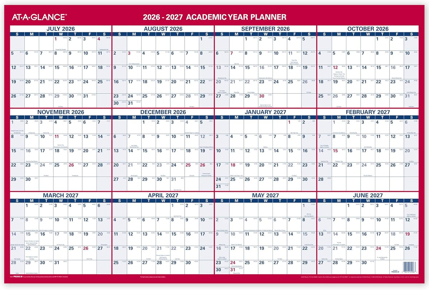 AT-A-GLANCE Dry Erase Calendar 2026-2027 Academic & Regular Year Wall Planner, 12-Month, 24" x 36", Double Sided, Vertical (PM210S28)
