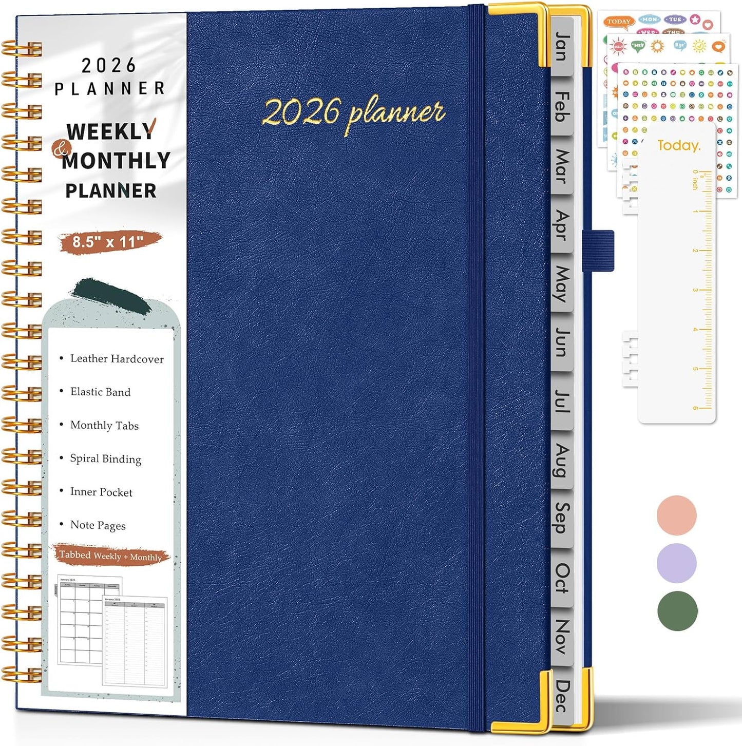 2026 Planner, Weekly and Monthly Calendar Planner from January 2026 - December 2026, 8.5" x 11" Hardcover Leather Hourly Appointment Book with Tabs, Spiral Daily Planners for School Work Home, Green