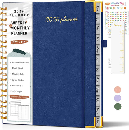 2026 Planner, Weekly and Monthly Calendar Planner from January 2026 - December 2026, 8.5" x 11" Hardcover Leather Hourly Appointment Book with Tabs, Spiral Daily Planners for School Work Home, Green