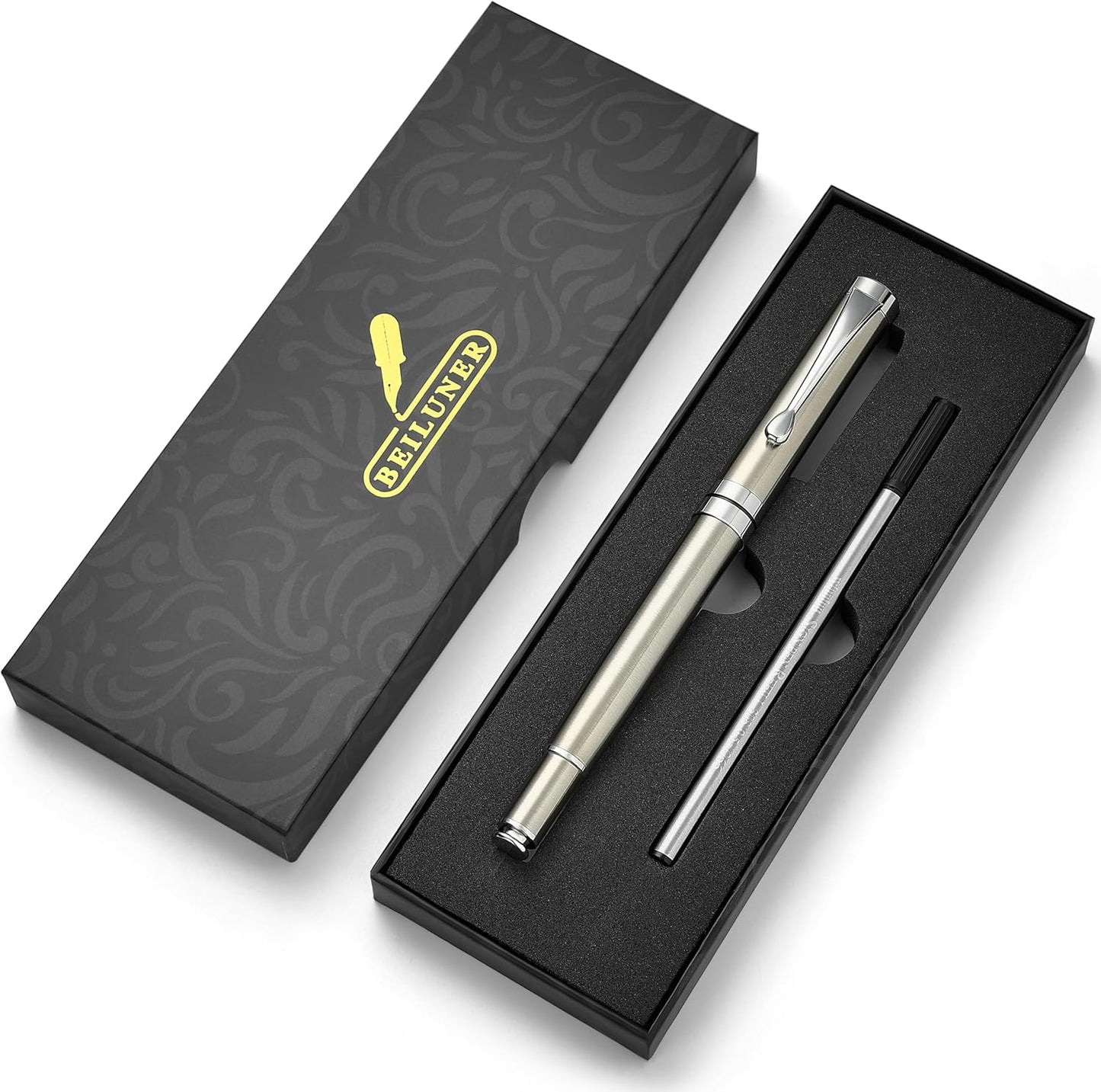 BEILUNER Ballpoint Pens, Stunning Black Chrome Metal Pen with Golden Trim, Best Ball Pen Gift Set for Men & Women, Professional, Executive, Office, Nice Pens-Gift Box with 0.5mm Black Extra Refill