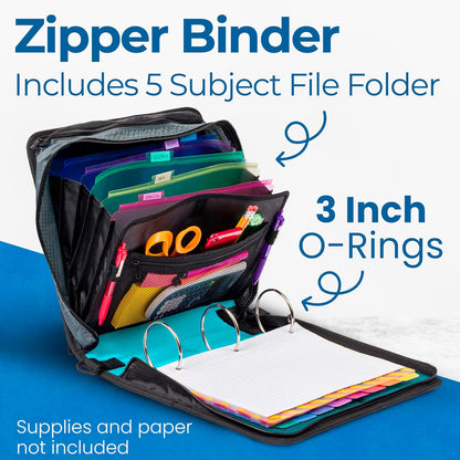 Case-it Mighty Zip Tab School Zipper Binder | 3-Inch O-Rings, 600-Sheet Capacity, 5-Subject Expanding File Folder, Multiple Pockets & Storage Organizer, Shoulder Strap | D-146 Jet Black