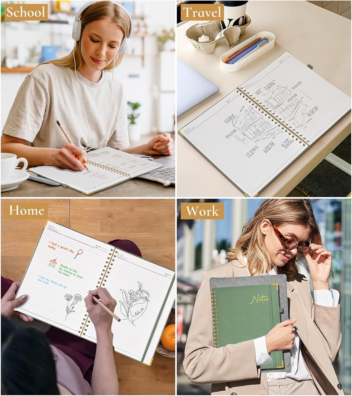 Hardcover Spiral Notebook Journal 8.5” x 11”, A4 Large Leather Notebooks for Women Men, Lined College Ruled Notebook, 50 Sheets/100 Pages, Spiral Bound Journals for Work School Note Taking, Green
