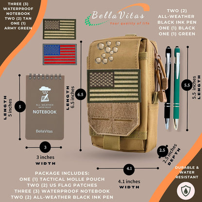 Tactical Molle Pouch Small Notebook Cover EDC Utility Bag Tool Pouch Gadget Organizer Military Waist Bag with US Flag Patch, 3”x5” Waterproof Notepad Pocket Notebook and Weatherproof Pen