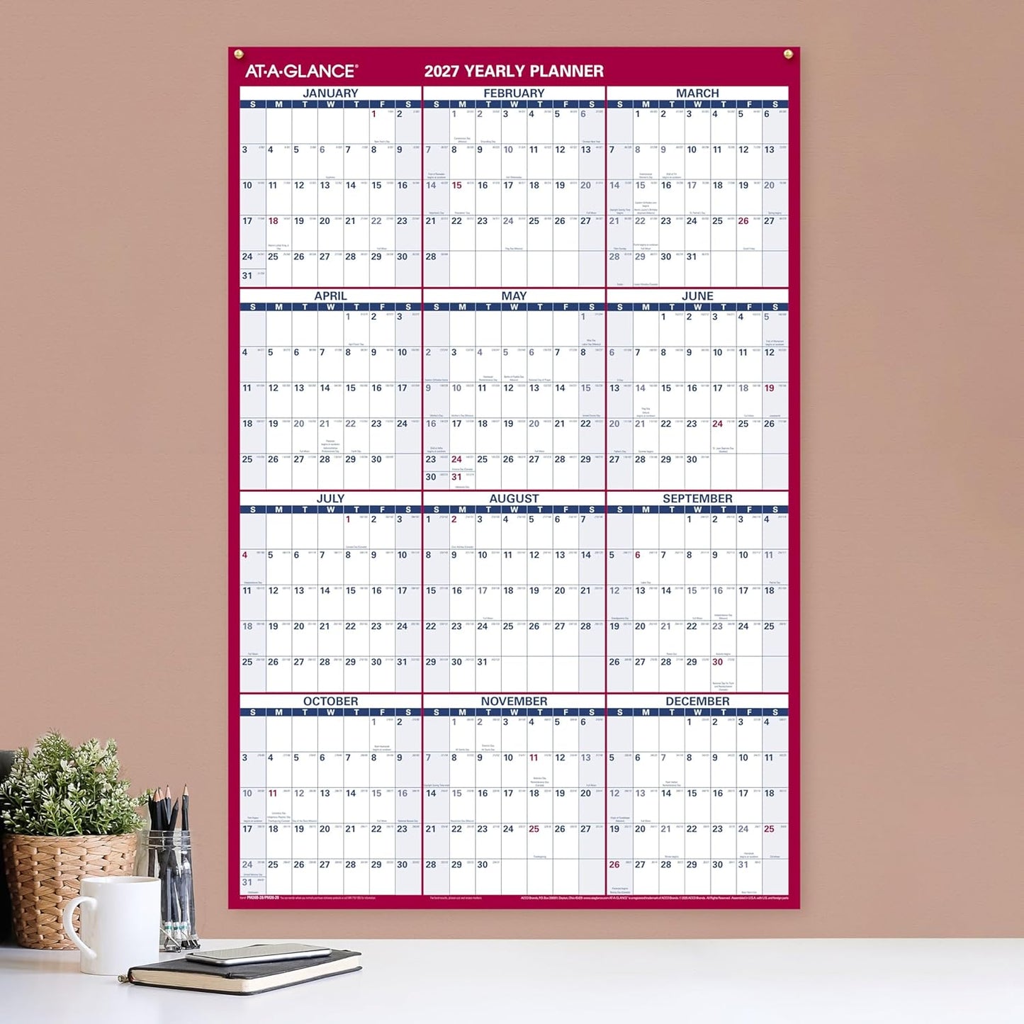 AT-A-GLANCE 2026 Erasable Calendar, Dry Erase Wall Planner, 12" x 16", Small, Vertical-Horizontal, Reversible, Compact (PM330B2826)
