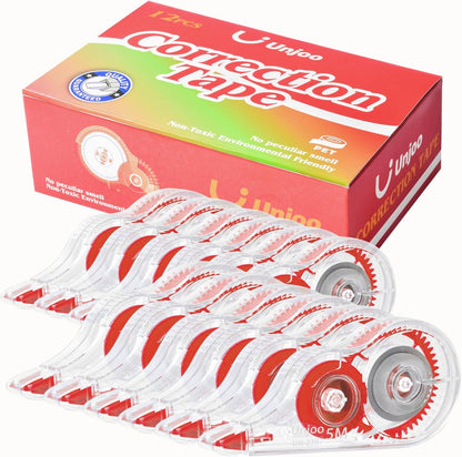 Unjoo White Correction Tape, Easy To Use Applicator for Instant Corrections Wrong Writing At Any Time, For school, Office (12pack, 5M/196" x 0.2", Black)