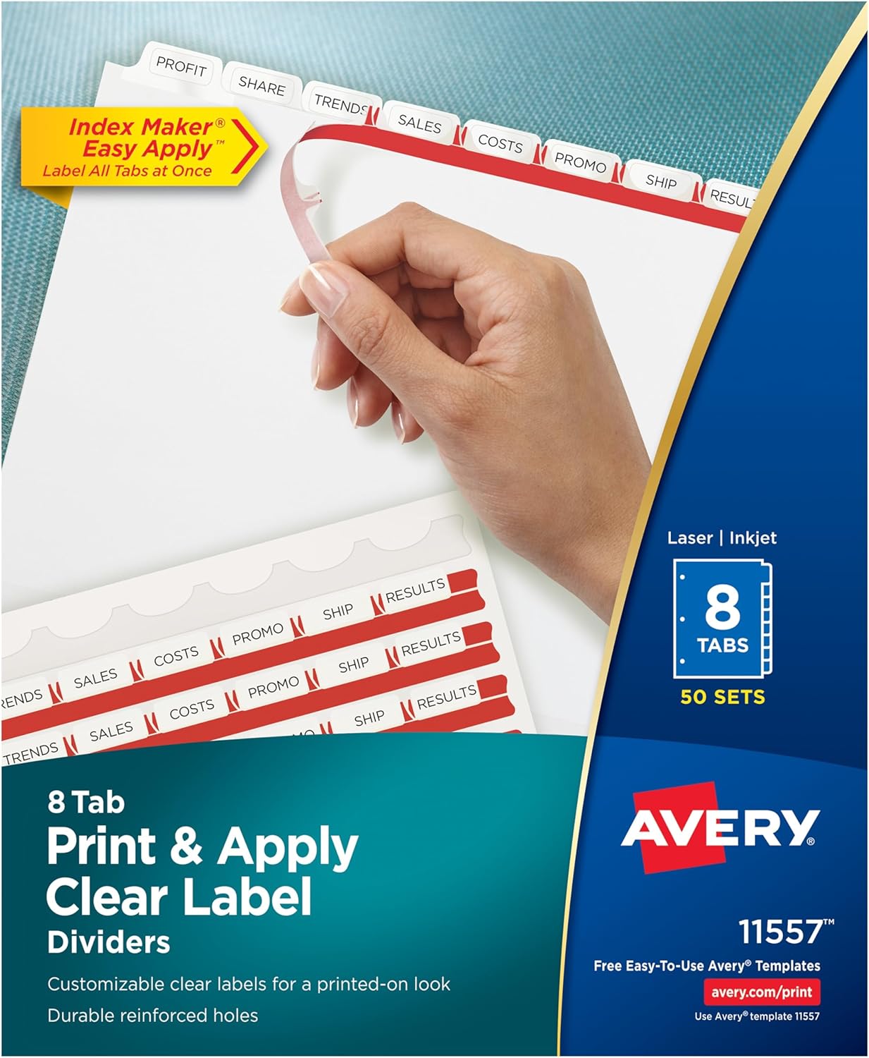 Avery 5 Tab Dividers for 3 Ring Binder, Easy Print & Apply Clear Label Strip, Index Maker Customizable White Tabs, 25 Sets (11446)