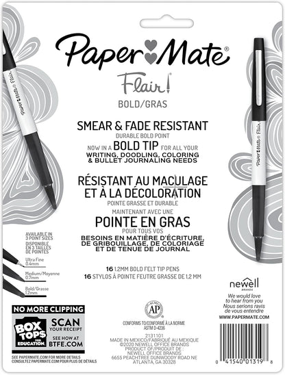Paper Mate Flair Felt Tip Pens, Bold Tip (1.2 mm), 16 Count - Back to School, Teacher Supplies, Arts & Crafts