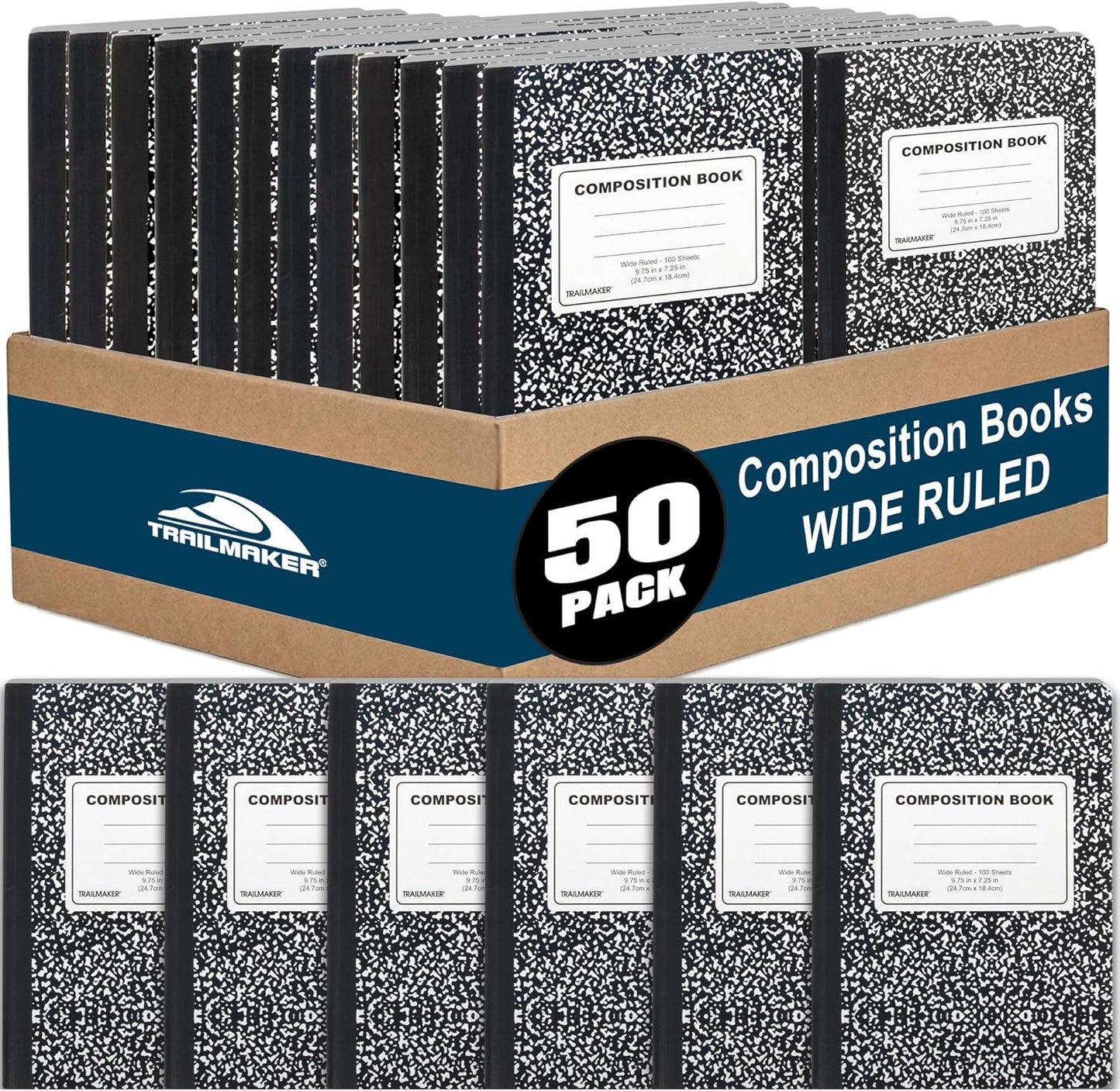 Trail maker (50 Pack Bulk Composition Notebooks, Wide Ruled Marble Cover, 200 Pages (100 Sheets), 9.75 x 7.5, Bulk School Supplies for Classroom, Office & School Donations