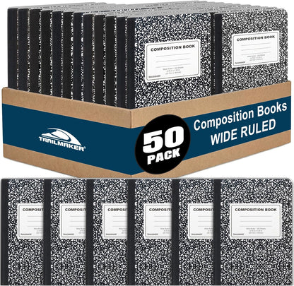 Trail maker (50 Pack Bulk Composition Notebooks, Wide Ruled Marble Cover, 200 Pages (100 Sheets), 9.75 x 7.5, Bulk School Supplies for Classroom, Office & School Donations