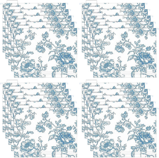 Qeeenar 20 Pcs Blue Floral Decorative Hanging Letter Size Cute File Folders Designer Floral Folders File Organizer for Filing Cabinet Office Home with 1/5 Cut Adjustable Tabs