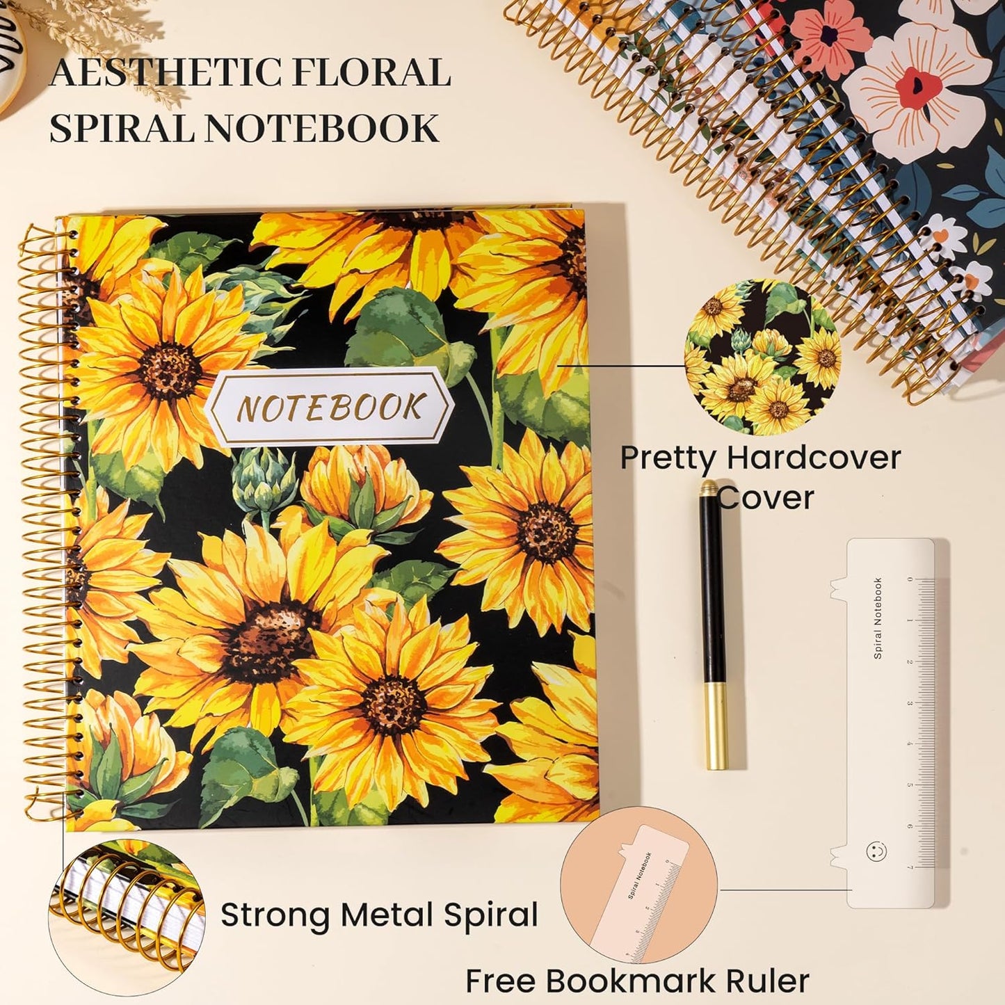 CAGIE Spiral Notebook Journal 8.5 x 11 Hardcover Notebooks College Ruled with Large Pockets Aesthetic Floral Note Book Spiral Bound Notebooks for Work Note Taking Women Writing School, 200 Pages