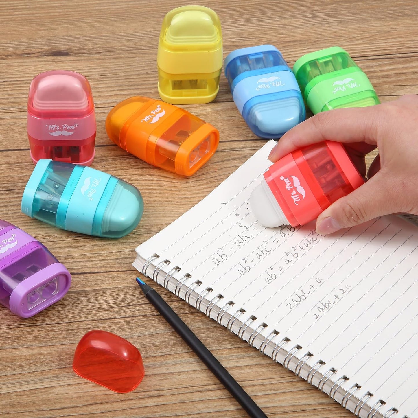 Mr. Pen- Pencil Sharpener & Eraser, 4 Pack, 2-in-1 Manual Sharpeners with Canister, 2 Sharpening Holes for Standard & Jumbo Pencils, Colorful Dual Hole Design for School, Office, Home, Kids