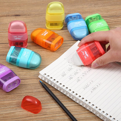 Mr. Pen- Pencil Sharpener & Eraser, 4 Pack, 2-in-1 Manual Sharpeners with Canister, 2 Sharpening Holes for Standard & Jumbo Pencils, Colorful Dual Hole Design for School, Office, Home, Kids