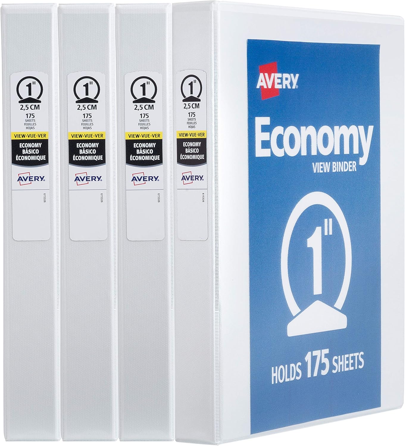 Avery Standard View 3 Ring Binders, 1.5" Round Rings, 275-Sheet Capacity, 2.1 Inch Wide Spine, White Binders, Ideal for Lightweight Organization and Occasional Referencing (4-Pack of 19201)