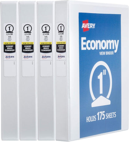 Avery Standard View 3 Ring Binders, 1.5" Round Rings, 275-Sheet Capacity, 2.1 Inch Wide Spine, White Binders, Ideal for Lightweight Organization and Occasional Referencing (4-Pack of 19201)