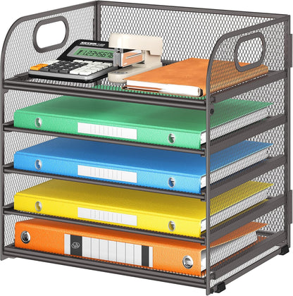 Lavatino 5 Tray Desk File Organizer, Black Mesh Paper Sorter Letter Tray Organizer with Handle, Desktop File Organizer and Storage for Letter/A4 Office File Folder