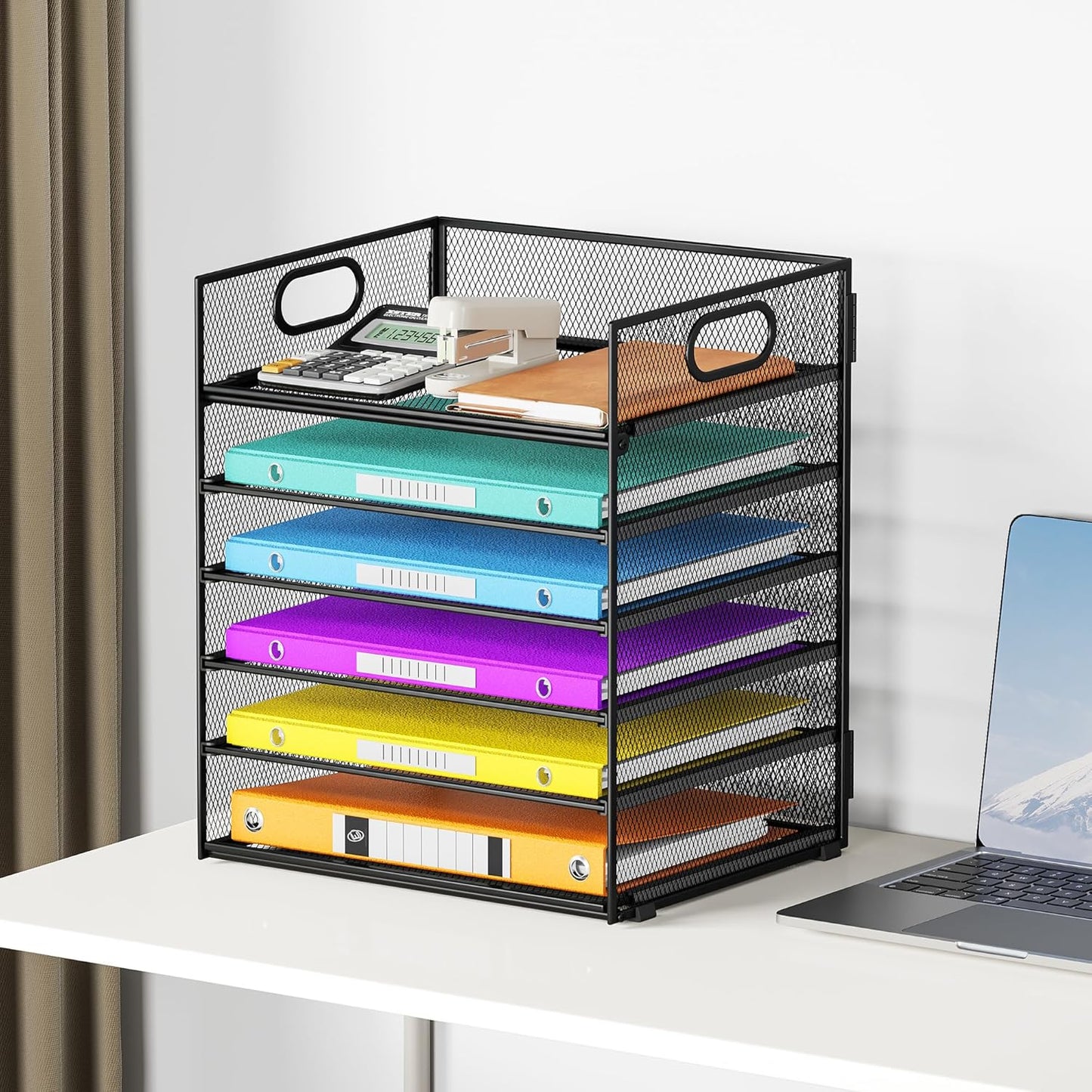 Lavatino 5 Tray Desk File Organizer, Black Mesh Paper Sorter Letter Tray Organizer with Handle, Desktop File Organizer and Storage for Letter/A4 Office File Folder