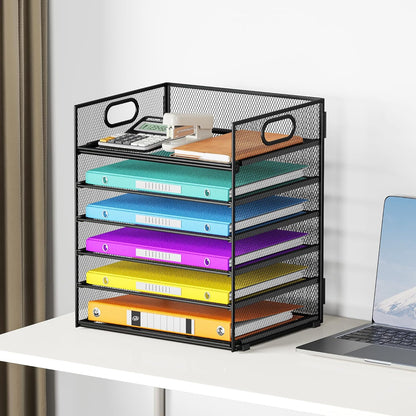 Lavatino 5 Tray Desk File Organizer, Black Mesh Paper Sorter Letter Tray Organizer with Handle, Desktop File Organizer and Storage for Letter/A4 Office File Folder