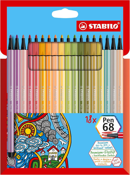 STABILO - Pen 68 - Premium Fibre-Tip Pen - Pack of 18 - Soft colors