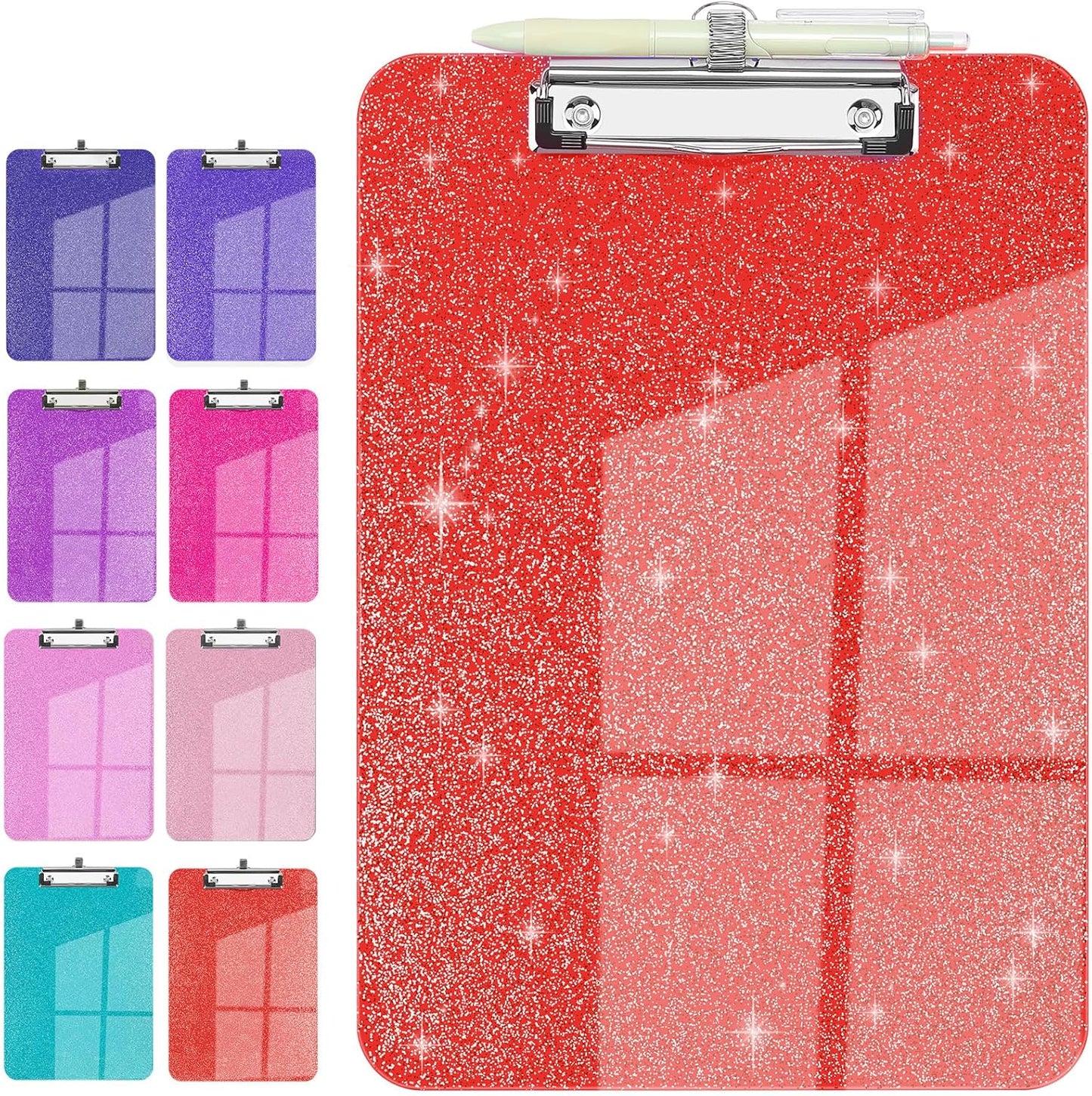 Sparkly Clipboard with Pen Holder, Clear Plastic Glitter Clip Board, Hanging Shiny Clipboards with Low Profile Metal Clip, Letter A4 Size for Taecher Women Office School (Rose Pink)