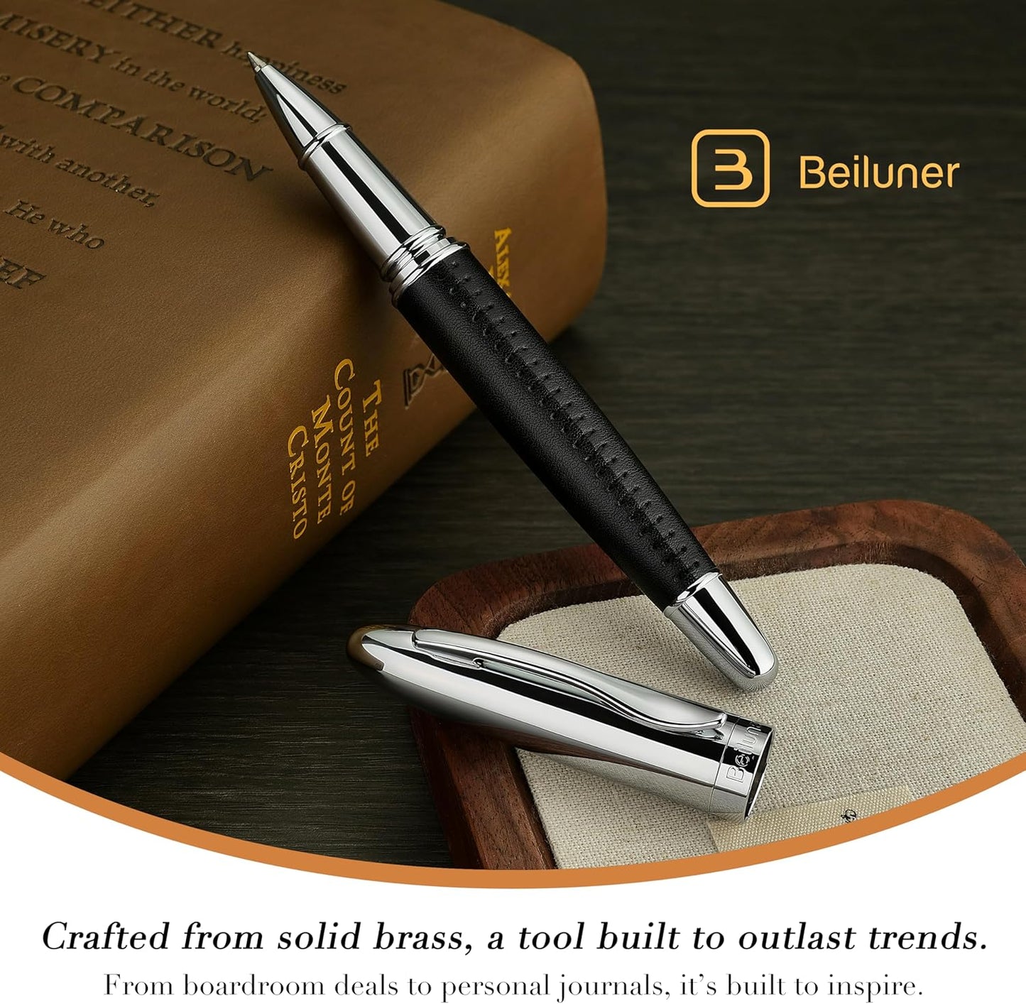 BEILUNER 318 Luxury Leather Pen, Hand-Stitched Premium Leather, Chrome-Plated Finish, Schmidt Ink Refill, Best Rollerball Pen Gift for Men & Women, Refillable, Executive Writing, Nice Pens