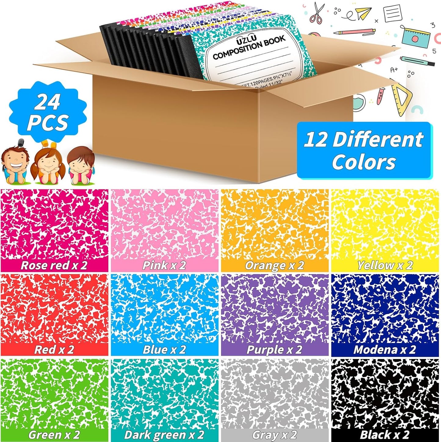 24 Pack 9.75 x 7.5 in Large Composition Notebooks Bulk 12 Color Wide Ruled Composition Books Marble Journal Notebook 60 Sheets per Book for Aldult Student College Office Back to School Supplies