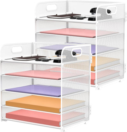 Supeasy 5 Trays Paper Organizer Letter Tray with Handle-Mesh Desk File Holders, Paper Sorter Desk Organizer for Office, Home, Classroom or School