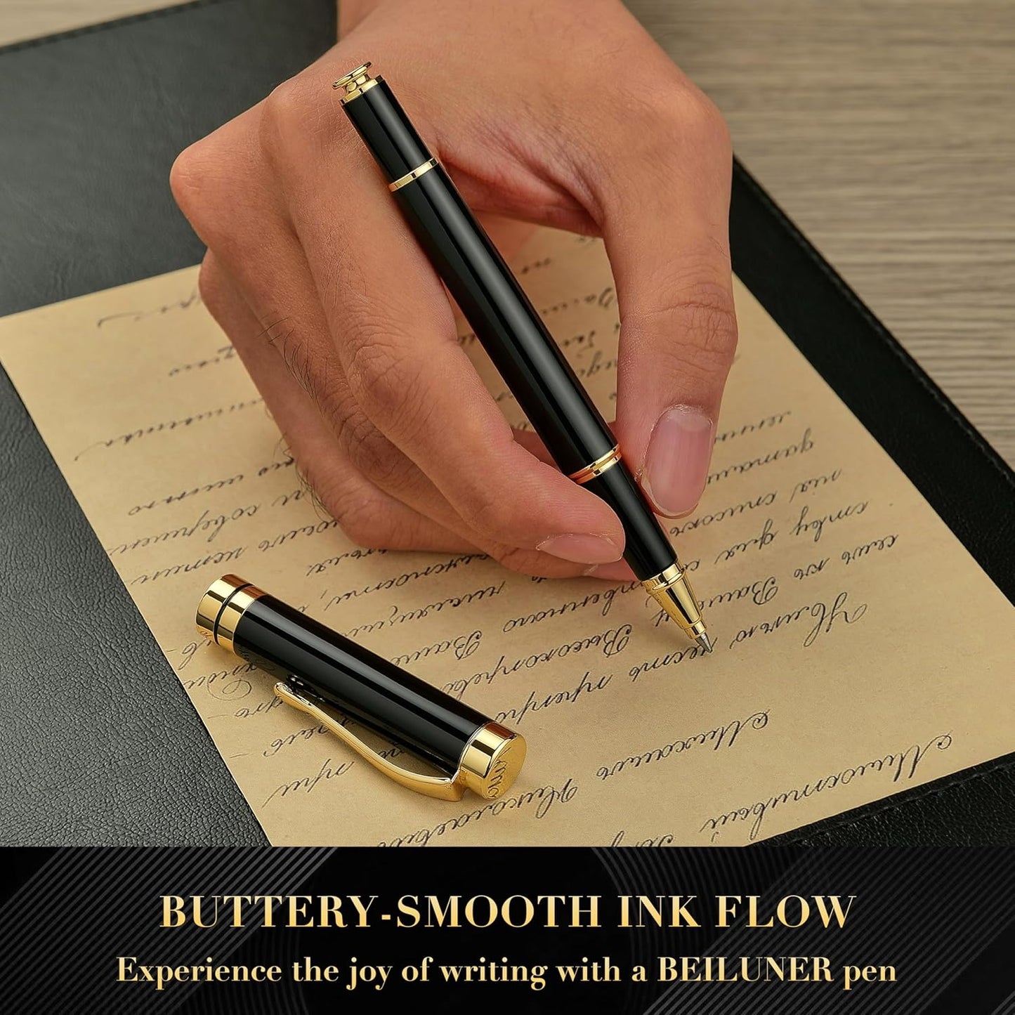 BEILUNER Ballpoint Pens, Stunning Black Chrome Metal Pen with Golden Trim, Best Ball Pen Gift Set for Men & Women, Professional, Executive, Office, Nice Pens-Gift Box with 0.5mm Black Extra Refill
