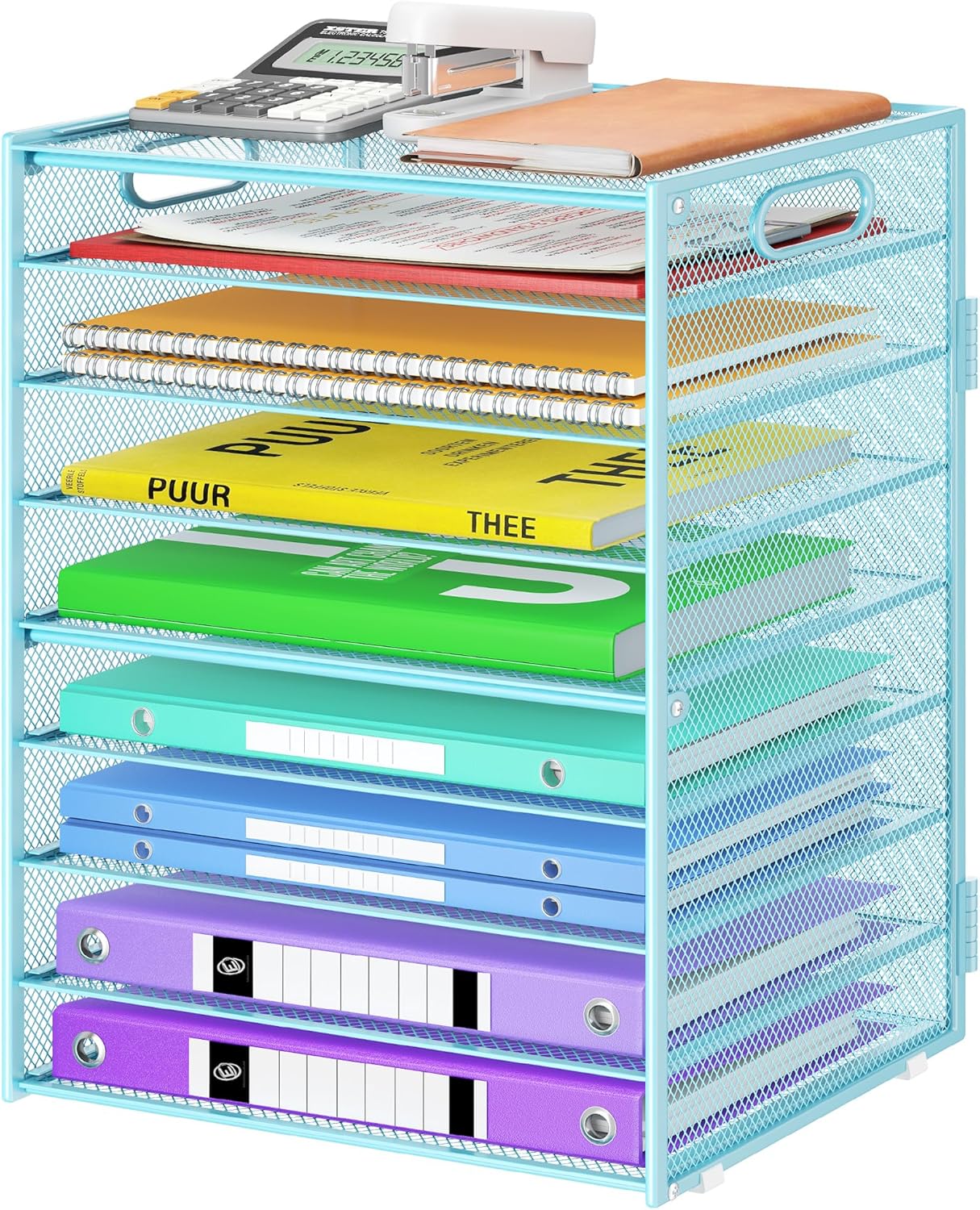 Cawukege 9 Tier Paper Organizer with Handle, Black Large Capacity Desk Organizer Mesh File Folder Letter Paper Tray Desktop Document Sorter for Classroom, School, and Office Accessories Organization