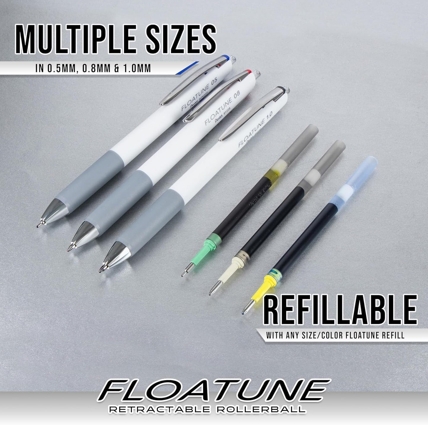 Pentel Floatune Retractable Rollerball, 0.8mm Medium Point, Black Ink, 5-pk (BY208PF5A)