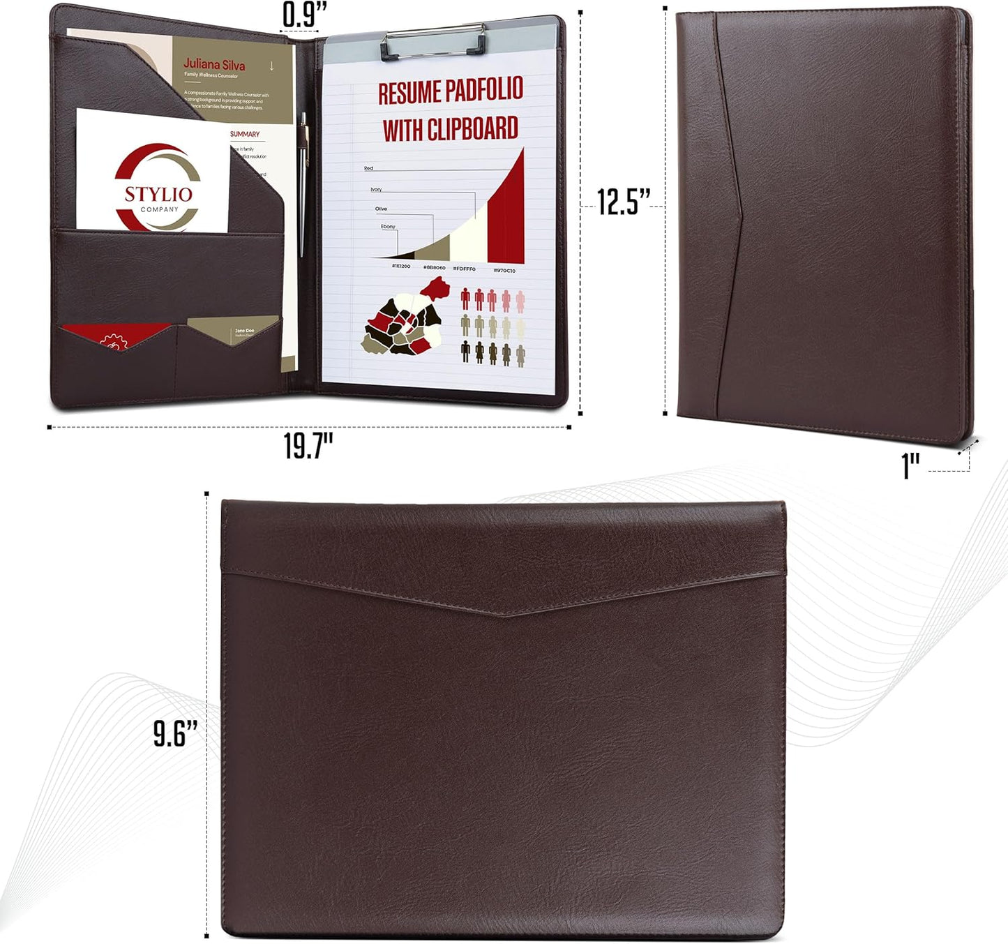 STYLIO Padfolio Folder with Removable Clipboard | Portfolio Organizer | Binder with Storage for Notebook, Notepad | Nursing Clipboard Folio, CNA Accessories for Work | Vegan Leather