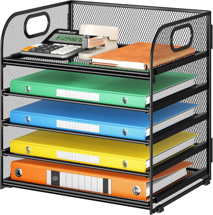 Lavatino 5 Tray Desk File Organizer, Black Mesh Paper Sorter Letter Tray Organizer with Handle, Desktop File Organizer and Storage for Letter/A4 Office File Folder