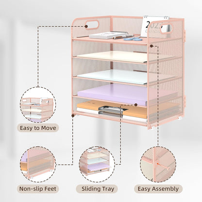 Supeasy 5 Trays Paper Organizer Letter Tray with Handle-Mesh Desk File Holders, Paper Sorter Desk Organizer for Office, Home, Classroom or School