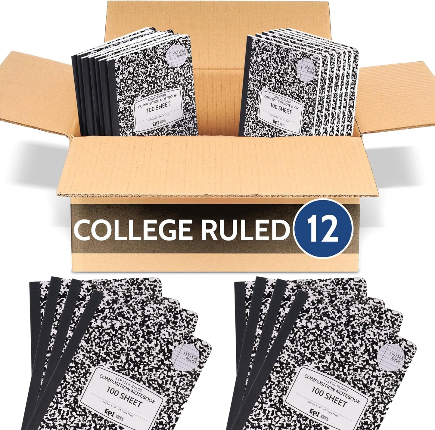 48 Pack - EPI Marble Hardcover Wide Ruled Composition Notebook | 200 Pages (100 Sheets), 9.75 x 7.5 in, Sturdy Sewn Binding | School, Office, Journaling, Notes