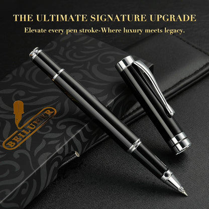 BEILUNER Ballpoint Pens, Stunning Black Chrome Metal Pen with Golden Trim, Best Ball Pen Gift Set for Men & Women, Professional, Executive, Office, Nice Pens-Gift Box with 0.5mm Black Extra Refill