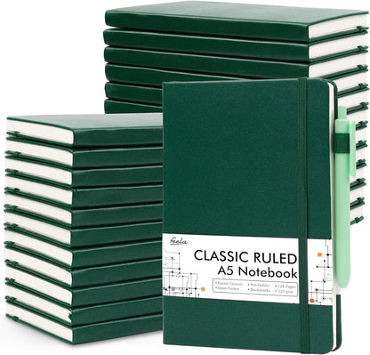 feela College Ruled Notebooks, 24 Pack Business Notebook Hardcover Lined Writing Journal with Pen Holder for Men Women Note Taking, with 24 Black Pens, 120 GSM, 5.1”x8.3”, A5, White