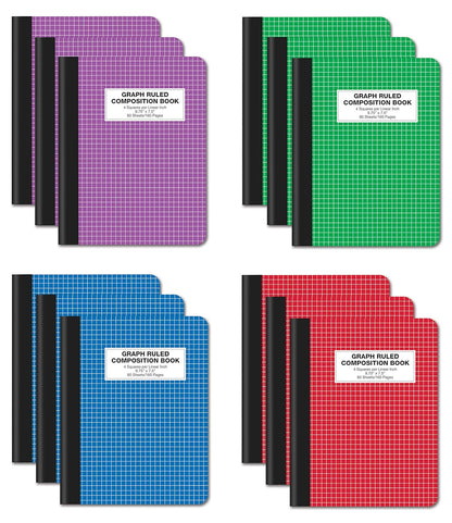 Better Office Products Quad Ruled Composition Book Notebook, 12 Pack, Hardcover 4x4 Graph Ruled Paper, 80 Sheets, 9.75" x 7.5", Assorted Color Covers, 12 Pack