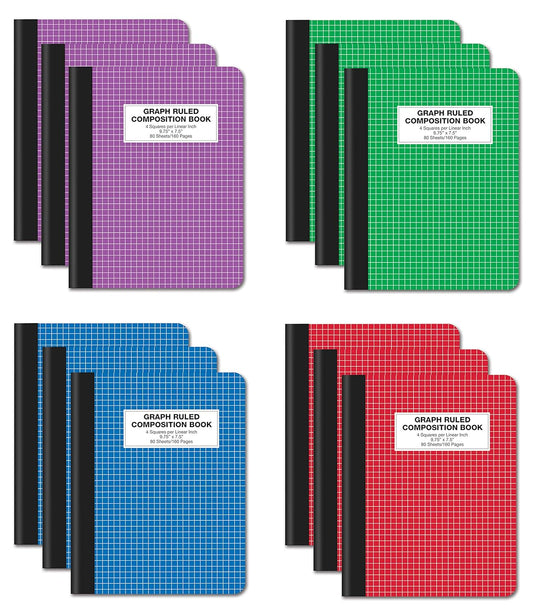 Better Office Products Quad Ruled Composition Book Notebook, 12 Pack, Hardcover 4x4 Graph Ruled Paper, 80 Sheets, 9.75" x 7.5", Assorted Color Covers, 12 Pack