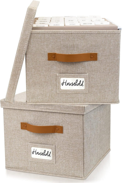 ZICOTO Decorative File Organizer Box Set of 2 - Collapsible Linen Filing Cabinets with Handles Are Perfect to Store All Your Documents & Hanging File Folders - Portable Easy Slide Crates with Lid
