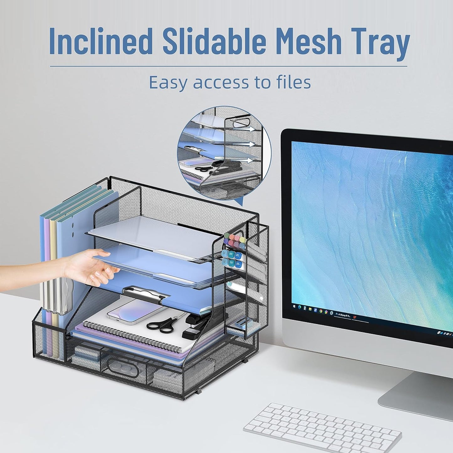 SUPEASY Desk Organizer with File Holder, 5-Tier Mesh Paper Letter Tray Organizer with Pen Holder and Drawer, Desktop Organizer and Storage with 3 Tilted File Sorter for Office Supplies, Blue
