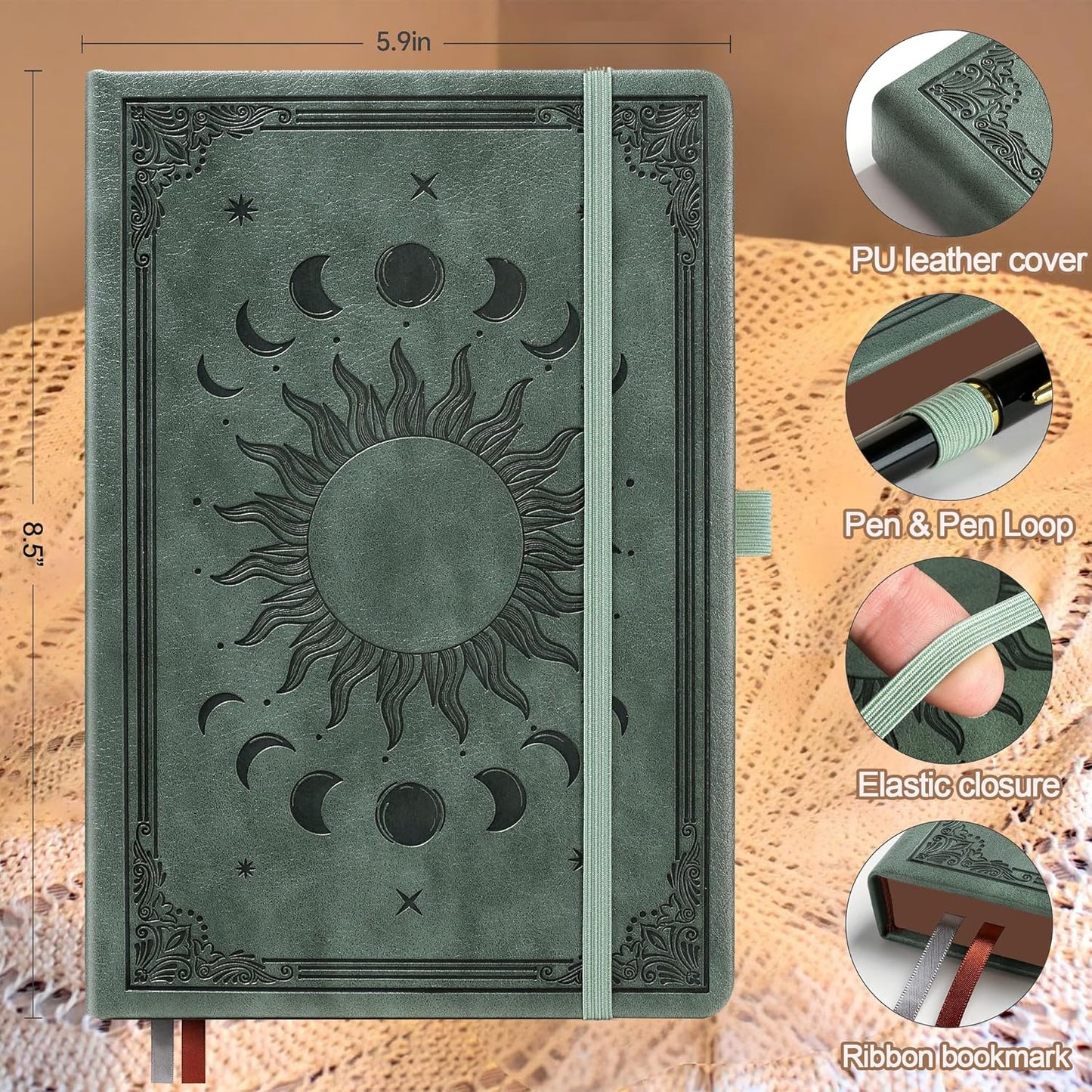 Journal Notebook for Women/Men, Daily for Classic Lined Writing,360 Pages Leather Hardcover with Vintage Sun & Moon Design, SeaGreen, A5 (14.5 x 21 cm)
