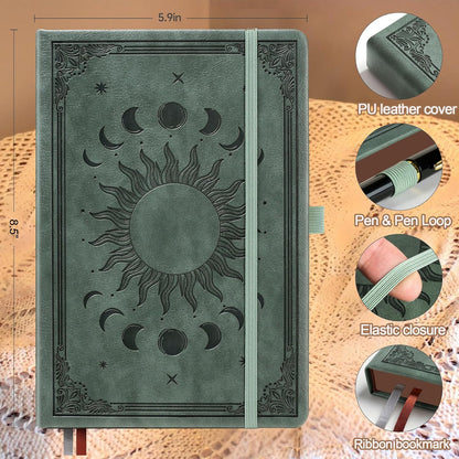 Journal Notebook for Women/Men, Daily for Classic Lined Writing,360 Pages Leather Hardcover with Vintage Sun & Moon Design, SeaGreen, A5 (14.5 x 21 cm)