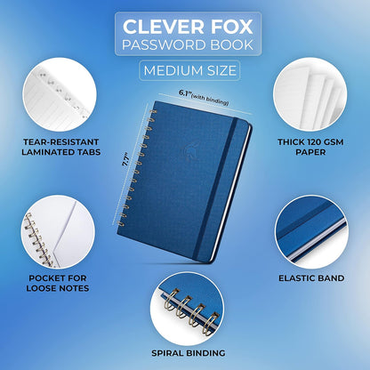 Clever Fox Password Book Spiral – Internet Address & Password Organizer with Laminated Alphabetical Tabs – Password Keeper Journal – Hardcover, Medium Size, 6.1x7.7” (Mystic Blue)