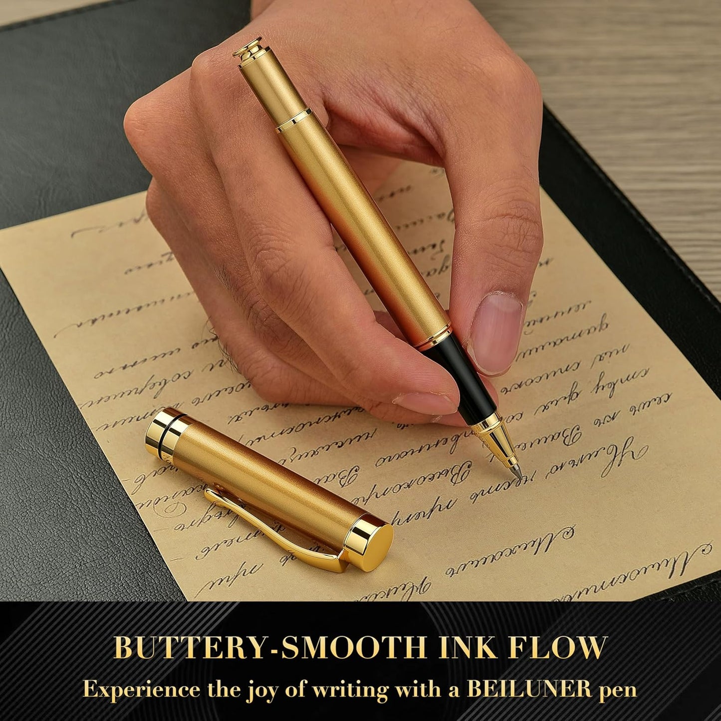 BEILUNER Ballpoint Pens, Stunning Black Chrome Metal Pen with Golden Trim, Best Ball Pen Gift Set for Men & Women, Professional, Executive, Office, Nice Pens-Gift Box with 0.5mm Black Extra Refill