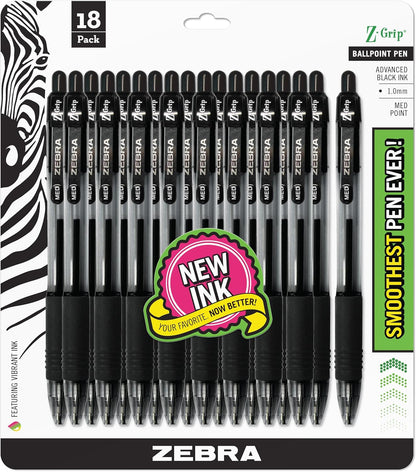 Zebra Pen Z-Grip Retractable Ballpoint Pen, Smooth-Flowing Black Ink, 1.0mm Medium Point, School & Office Supplies, Ideal for Note-Taking, Journal and Planner Use, 18-Pack (22218)