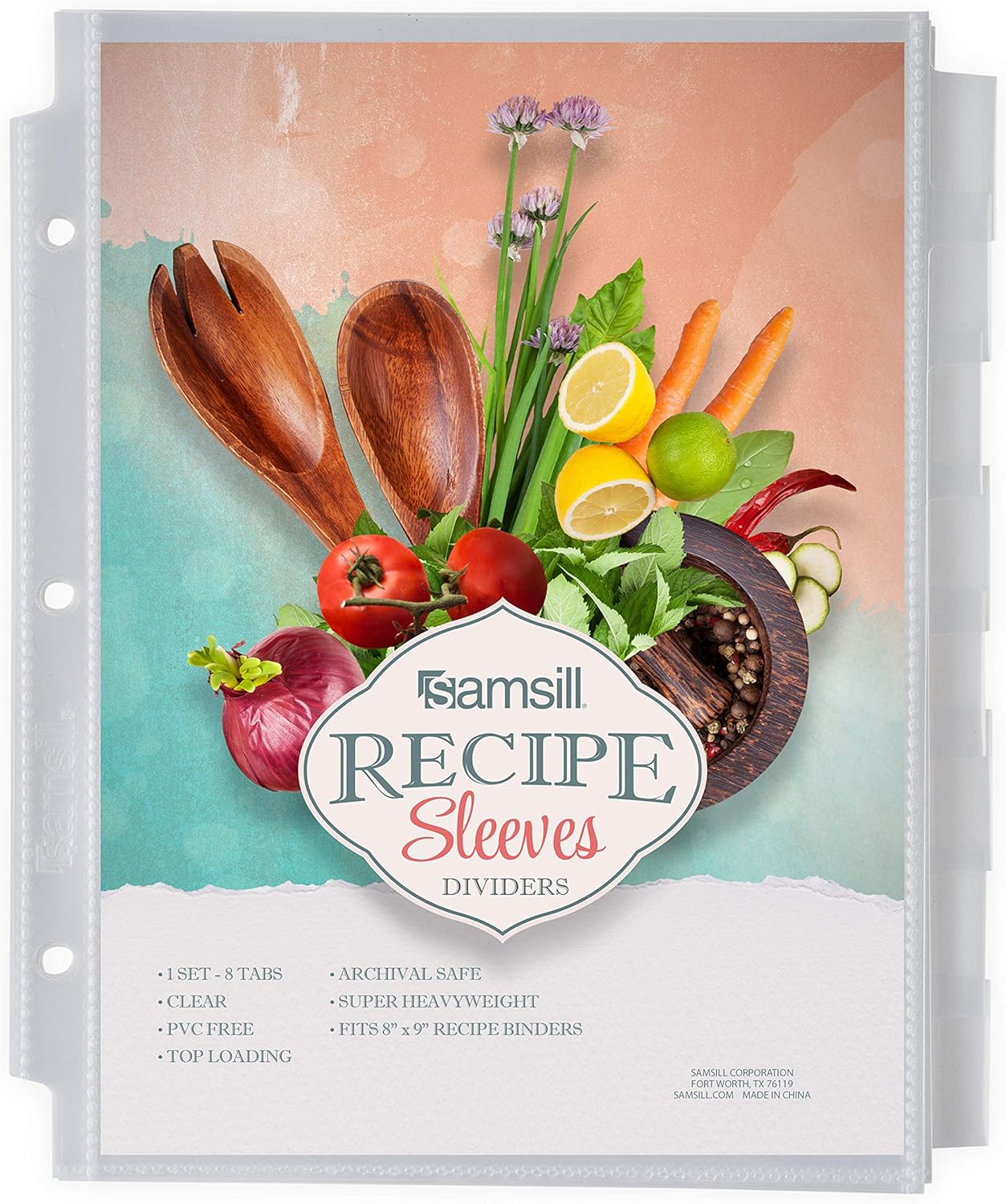 Samsill 8 Tab Recipe Dividers, Recipe Sleeves, Sheet Protector Dividers, with Tab Inserts, Clear, Super Heavyweight, Top Loading, 3 Hole Punched for Standard Letter Size Binders, Archival Safe