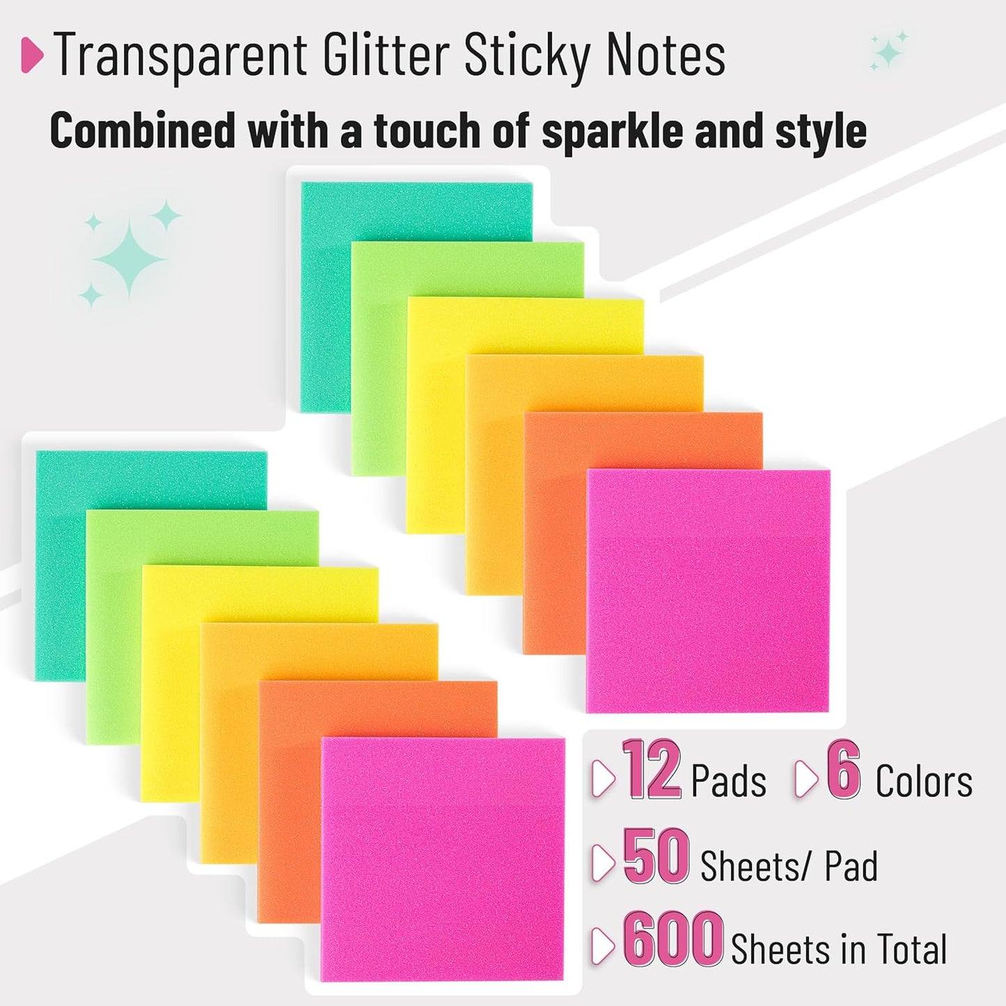 Mr. Pen- Transparent Glitter Sticky Notes, 3”x3”, 12 Pads, 600 Sheets, Colorful, Plastic Glitter Sticky Notes Bulk, Self-Stick Note Pads for Women, Office, School, Home, Study & Organization