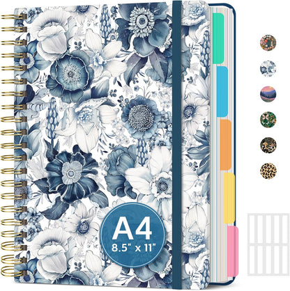 Large Spiral Notebook with Dividers & Tabs, 8.5" x 11" Hardcover 5 Subject Notebook for Work, 280 pages, College Ruled, Cute Journal for Women, Perfect for Study & Office Note Taking, Garden