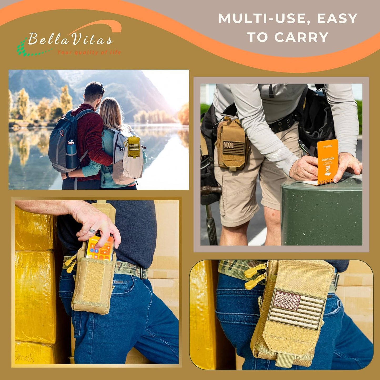 Tactical Molle Pouch Small Notebook Cover EDC Utility Bag Tool Pouch Gadget Organizer Military Waist Bag with US Flag Patch, 3”x5” Waterproof Notepad Pocket Notebook and Weatherproof Pen